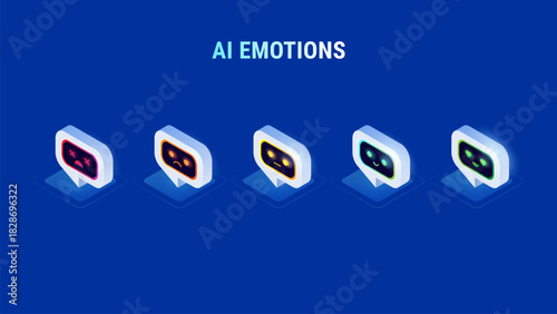 AI Emotions concept - 5 emoji faces icons of ai agents - great for CSAT customer satisfaction score rating or business presentations related to AI chatbot emotions - creative idea isometric vector