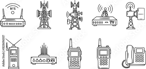 Communication Icons: Router, Towers, Radios  Phone in Line Art Style