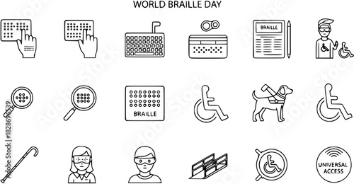World Braille Day vector line icon set for accessibility, visual impairment, and universal design, featuring Braille, assistance, and disability symbols.