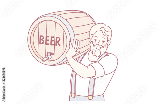 Bearded man carrying beer barrel. Smiling male barmen or waiter holding cask with alcoholic drink. Vector illustration.