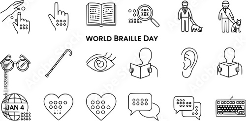 World Braille Day Vector Icons Set: Braille Reading, Guide Dogs, White Cane, and Accessibility Symbols for Visually Impaired Education and Communication