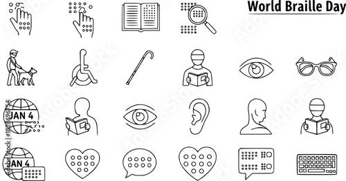 World Braille Day Line Art Icons Collection: Blindness, Accessibility, Reading, Assistive Technology, and Awareness Symbols.