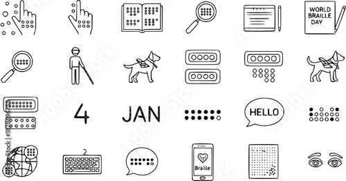 Hand-drawn Doodle Icons: Braille System, Visual Impairment, and Blindness Awareness
