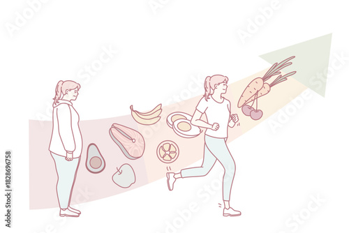 Young woman eating healthy and training following health lifestyle. Girl lose weight do sports strive for good body shape and wellness. Flat vector illustration.