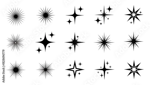 Collection of black sparkle and starburst icons on a white background, representing shine, glitter, and light effects for design.