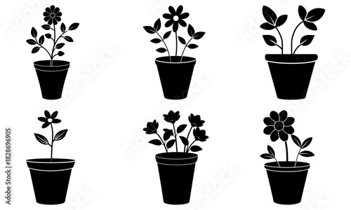 Charming flower pot collection for spring decor projects, cheerful floral design elements, vector graphics with decorative botanical accents for creative work
