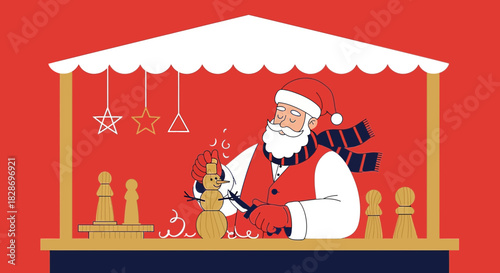Santa Claus skillfully crafting a wooden snowman in a festive market setting with decorations
