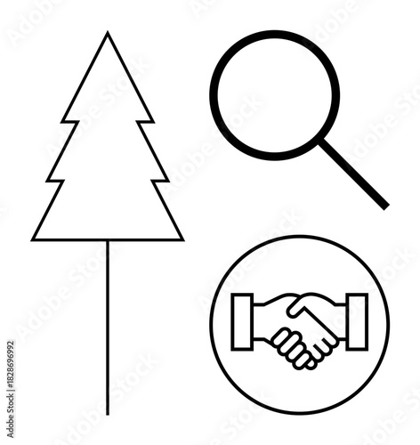 Environmental analysis. Magnifying glass, handshake, and tree environmental exploration, cooperation, and decision-making. Environmental initiatives and partnerships. Ideal for sustainability