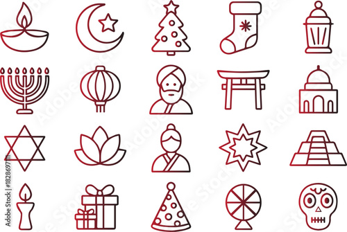 Collection of various religious and cultural holiday icon symbols in a simple black line art style, isolated on white background