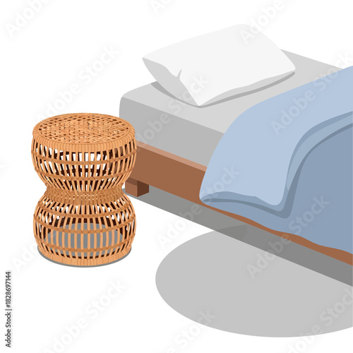 Cozy bedroom corner with rattan stool and soft bedding, minimalist aesthetic