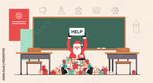 Santa's Overwhelmed Holiday Delivery Dilemma in a Classroom Setting Depicting Christmas Gift