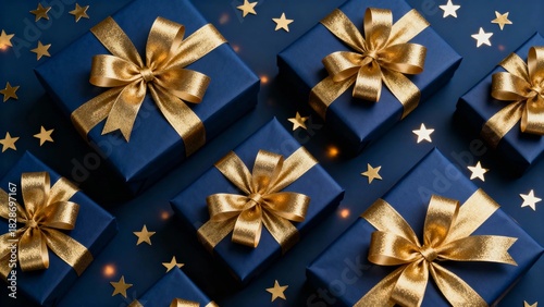 Blue gift boxes with gold ribbons and stars on a dark background