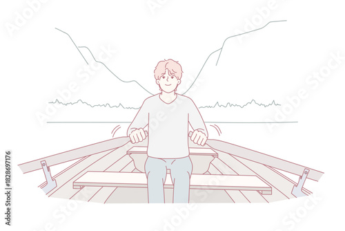 man rowing boat on lake, line art style clip art preview
