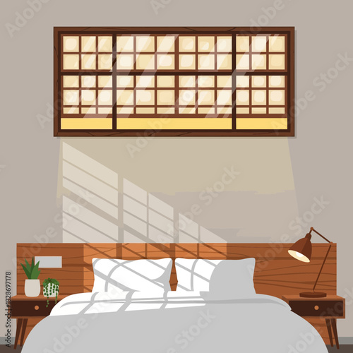 Cozy bedroom interior with natural light streaming through window panes