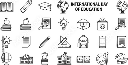 International Day of Education: Line Art Icons of Learning and Knowledge