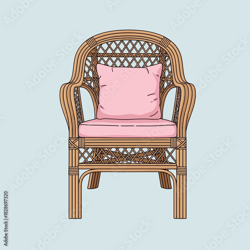 Illustration of Rattan Armchair with a Cushioned Seat and Pillow in Pink