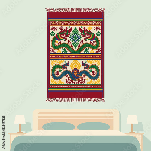 Illustrative depiction of a bedroom interior with an ornate decorative textile art