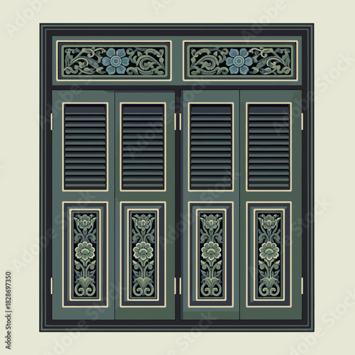 Intricate floral carved window with shutters representing cultural heritage