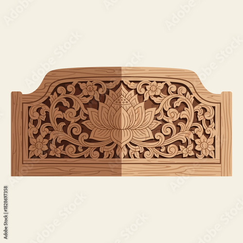 Intricate carved wood panel with floral lotus design for traditional art