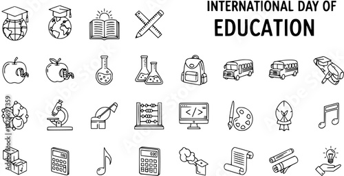 International Day of Education Icons: School Supplies, Science, Arts  Music, Graduation, Programming  Coding, and More in a Line Art Illustration