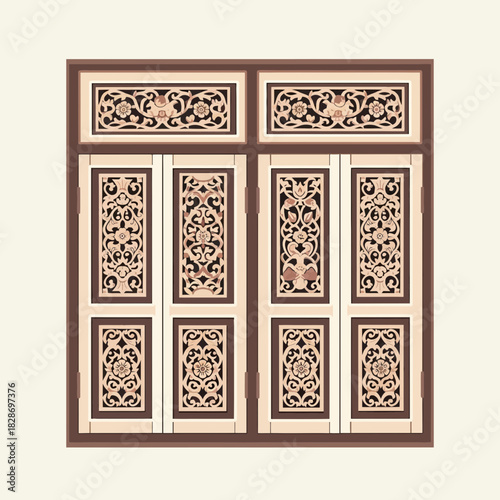 Intricate floral wood carving ornamentation of classic window shutters artwork