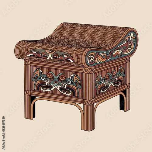 Intricate Wicker Bench with Tribal Art, Symbolizing Heritage and Craftsmanship