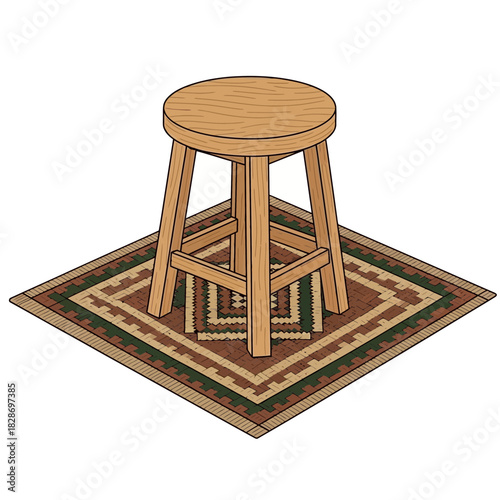 Isometric illustration of a wooden stool on a patterned carpet, vintage style