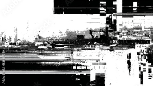 Abstract black and white digital glitch texture with data corruption effect. Vector, illustration
