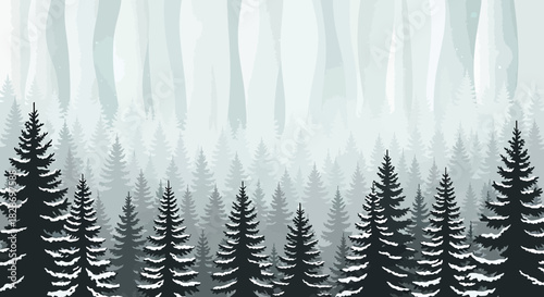 Serene winter forest panorama with monochrome trees creating depth in a misty landscape