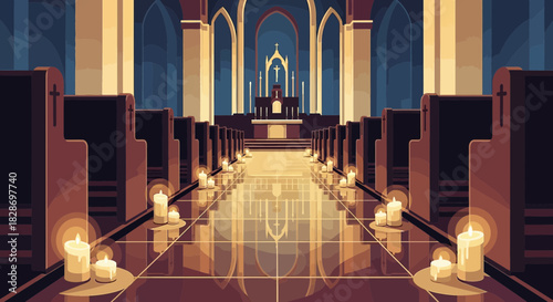 Solemn church interior with glowing candles illuminating rows of wooden pews and altar