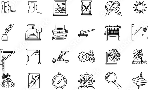 Collection of Vintage Scientific and Mechanical Instruments Line Art Icons