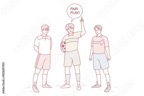 Referee with football players announce fair play on field. Sports activity concept. Men playing football outdoors. Flat vector illustration.