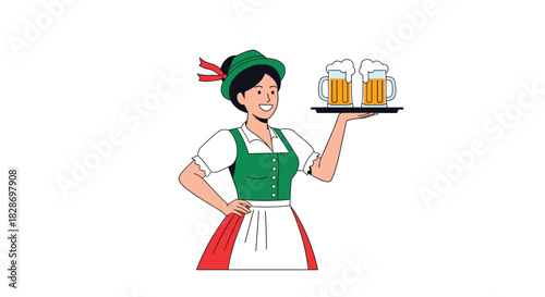 Smiling German waitress in a traditional dirndl costume serves two large mugs of cold beer.