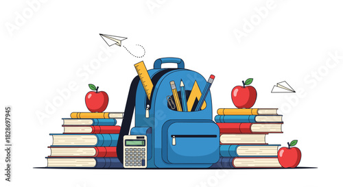 School backpack sits next to a stack of books an apple and a calculator for a new school year.