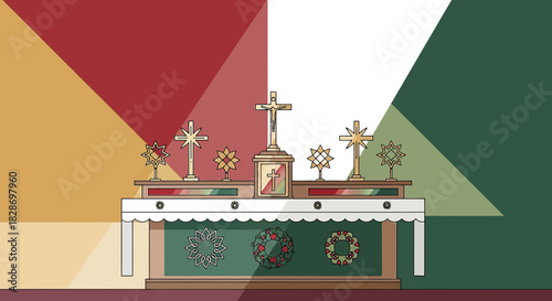 Stylized church altar with crosses and floral wreaths against geometric color fields of religious