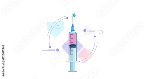 Illustration of a medical syringe with a drop of vaccine set against a modern