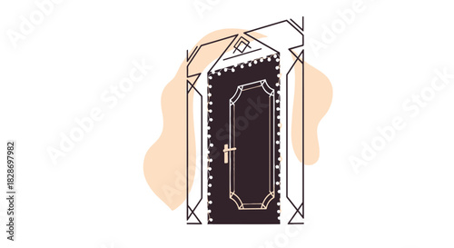 Stylized drawing of an ornate door, decorated with geometric patterns and gentle light string