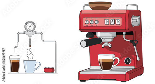 A detailed illustration shows the process of making espresso with a professional coffee machine.