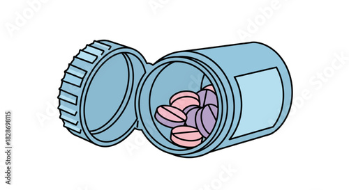 Illustration of a Pill Bottle with Colorful Tablets Inside for Medical
