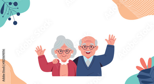 A charming and friendly elderly couple is happily waving with abstract decorative elements in the background.