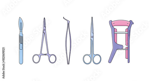 Collection of dental and orthodontic instruments including scalpel scissors