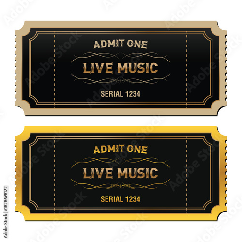 Elegant Admit One Live Music Tickets in Black and Gold – Luxury Event Passes with Decorative Borders, Vintage Style Typography, Perforated Edges, and Serial Numbers for Concerts and Performances