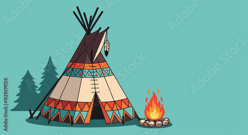 A traditional Native American tipi or teepee stands next to a warm campfire in a forest setting.