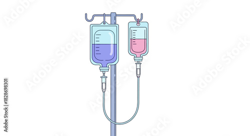 Intricate medical infusion setup with dual fluid bags connected by tubing for