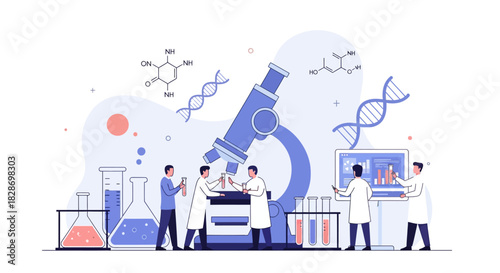 innovative biological research laboratory with scientists analyzing molecules