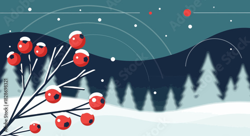Stylized winter landscape with snow-covered berries and forest scenery at night