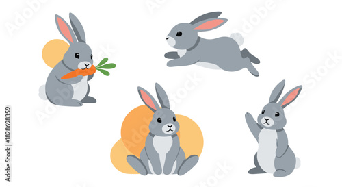 Collection of four adorable cartoon rabbits in different playful and cute poses and actions.