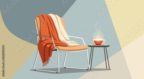 Tranquil moment vector illustration chair with a throw and a cup of hot beverage on a side table