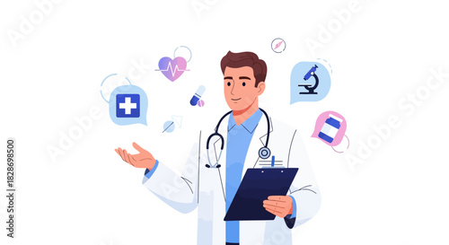 illustration of a young male doctor with stethoscope and clipboard surrounded