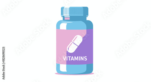 Illustration of a modern vitamin supplement bottle with a pill icon and